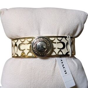Coach Cream White Gold Signature C Jacquard Hinged Bangle Enameled Bracelet